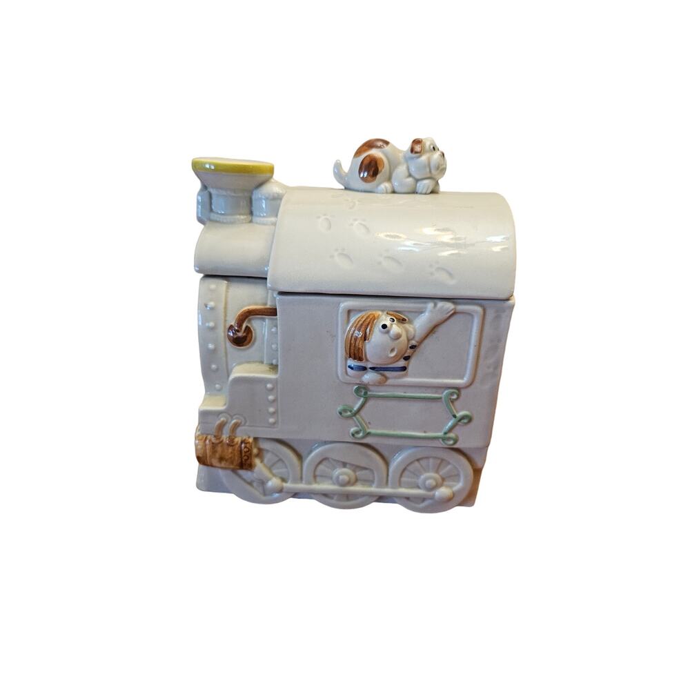 Whimsical Choo Choo Ceramic Train Cookie Jar Hand Painted‎ White w/Puppy Handle